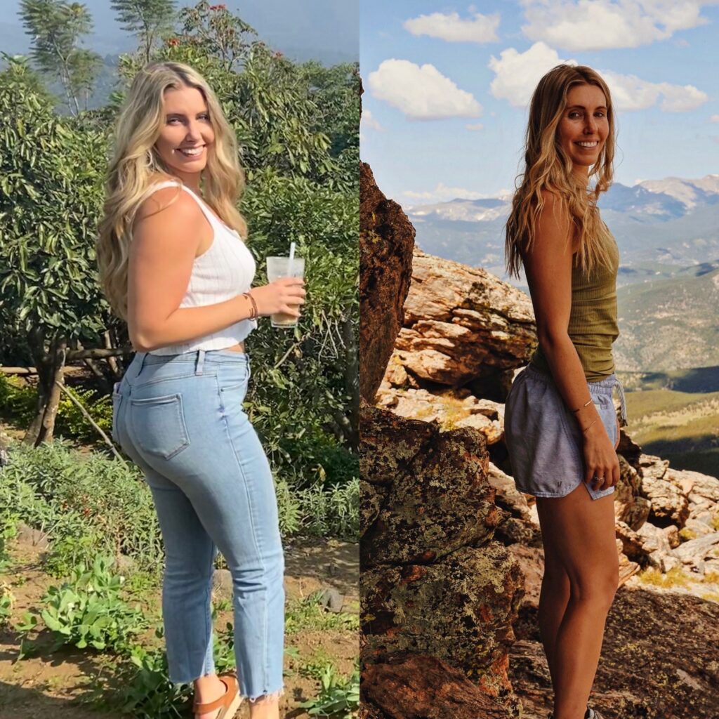 a side by side of a female who has experienced a weight loss transformation