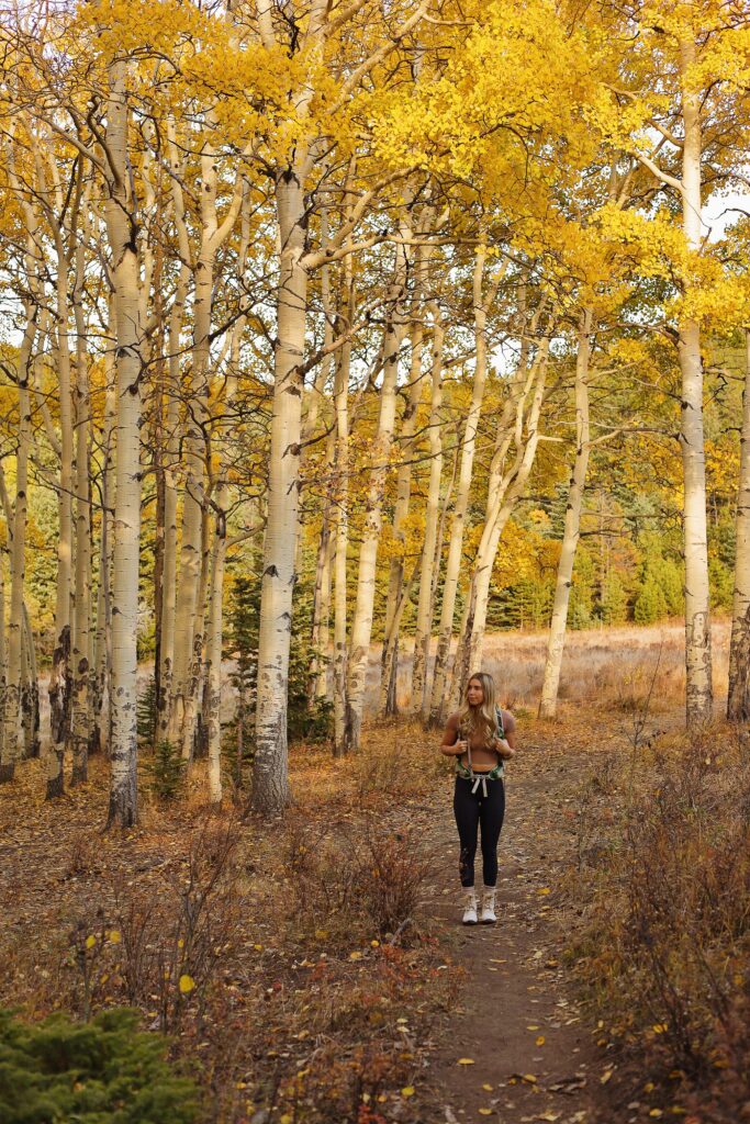 girl hiking in fall aspens